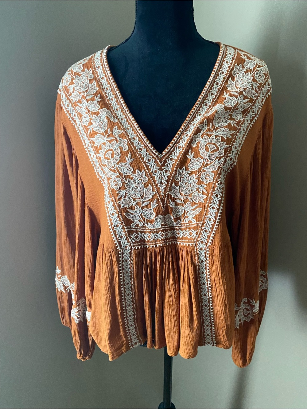 American Eagle Outfitters Rust V-Neck Peasant Top with White Embroidery